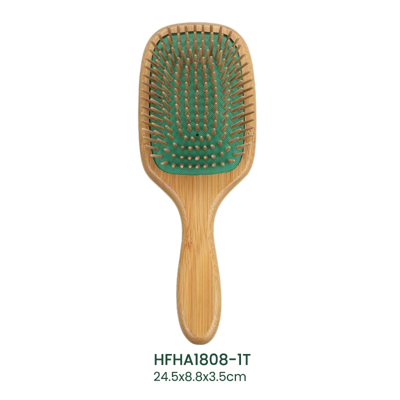 Eco-Bamboo Paddle Hair Brush Green Cushion with Wooden Pins