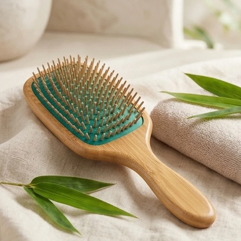 Eco-Bamboo Paddle Hair Brush Green Cushion with Wooden Pins
