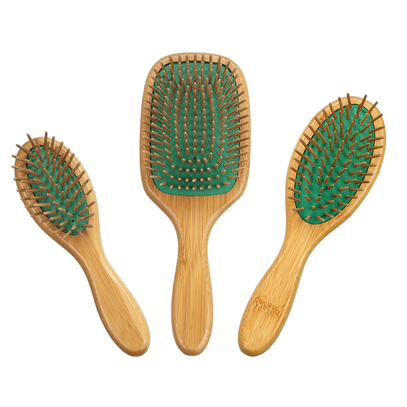 Eco-Bamboo Paddle Hair Brush Green Cushion with Wooden Pins