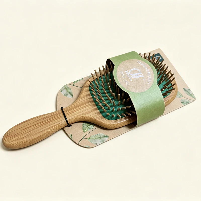 Eco-Bamboo Paddle Hair Brush Green Cushion with Wooden Pins
