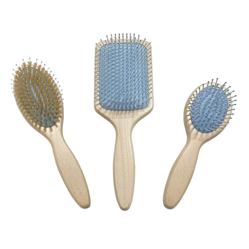 White Beech Wood Paddle Hair Brush with Blue Cushion