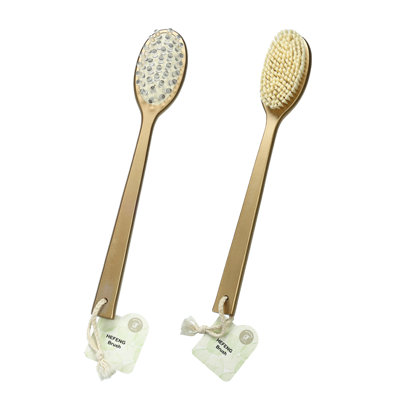 Gold long handle wooden bath brush massage 2in1