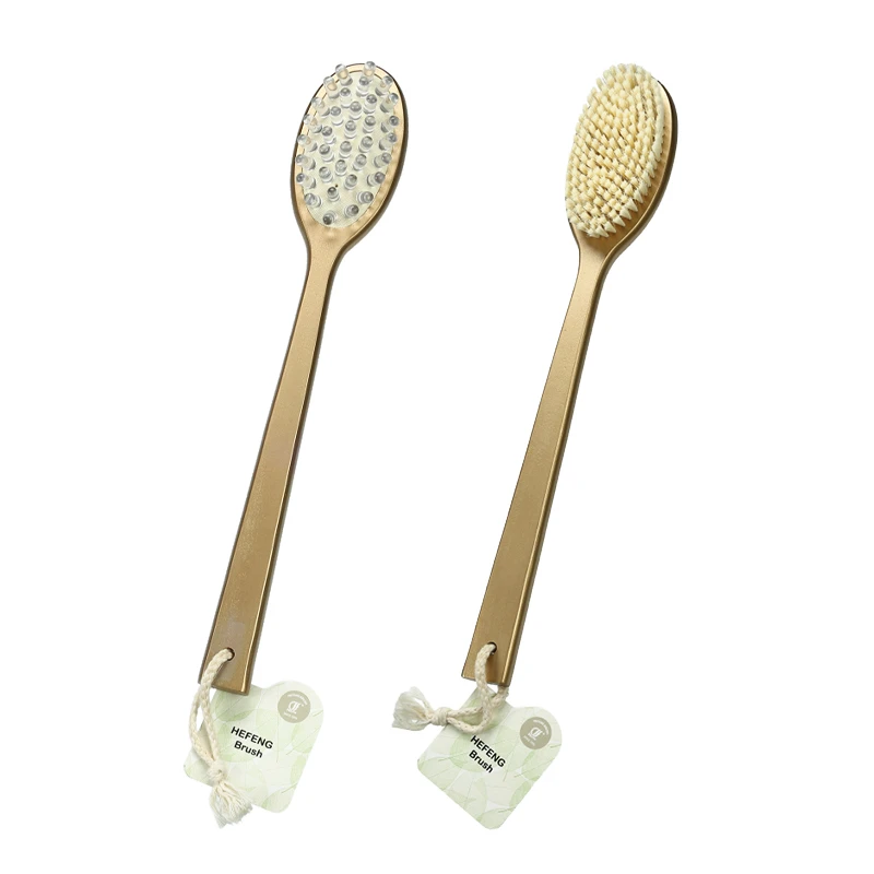 Gold long handle wooden bath brush massage 2in1