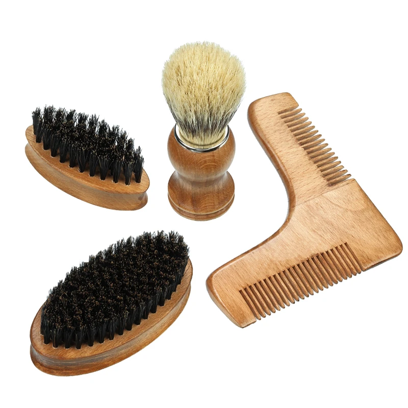 4-piece Brush Set for Men - Shaving Brush, Bristle Beard Brush in Two Size, Beard Comb
