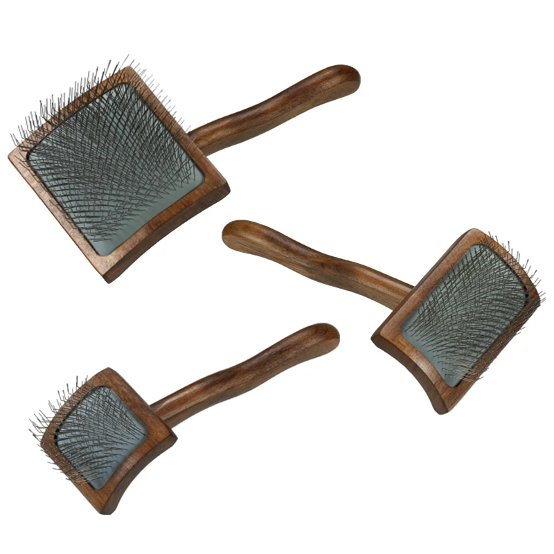 Dark Wood Wave-handle Pet Slicker Brush set