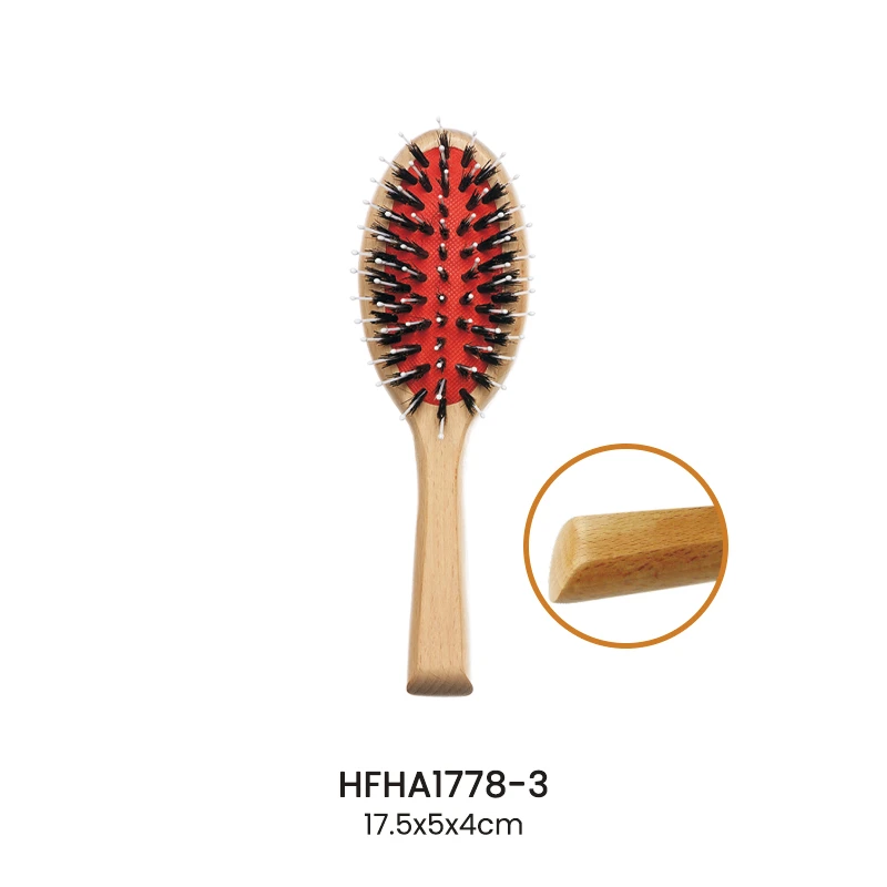 Natural Beech Wood Oval Cushion Hair Brush with Red Cushion