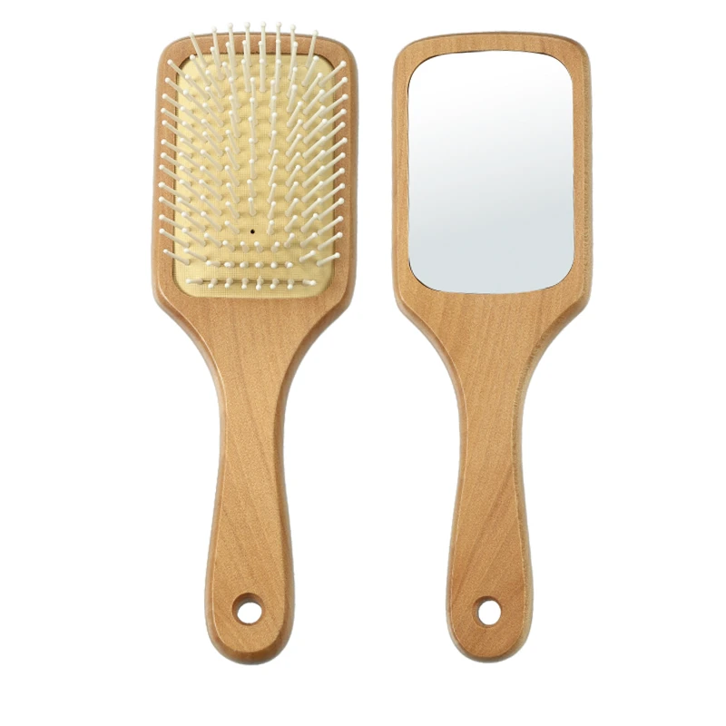 Professional 2-Sided Wood Paddle Hairbrush With Mirror