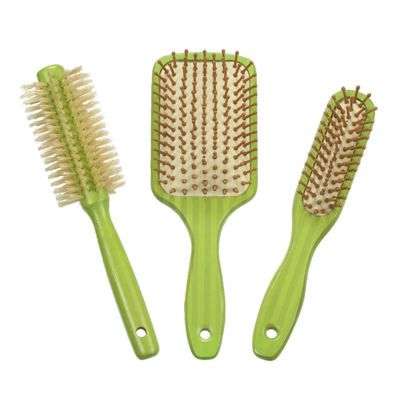 100% Bamboo Two-tone Green Stripe Hair Brush Set With Different Bristles