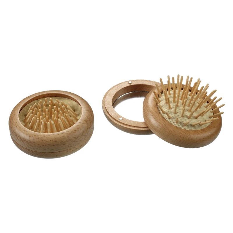 2 in1 wood Folding Hair Brush with Mirror