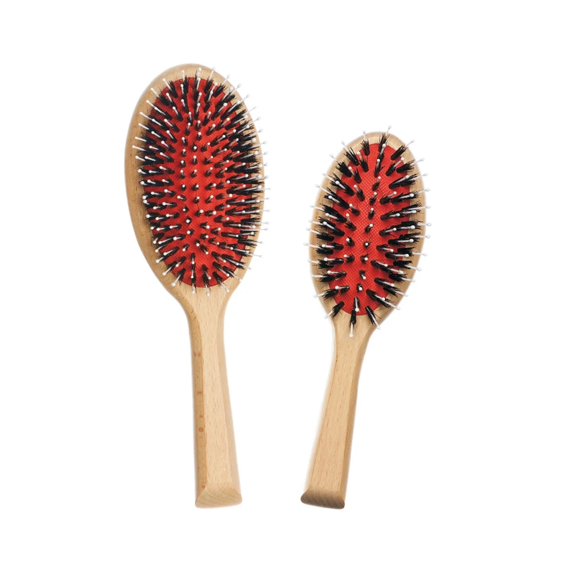Natural Beech Wood Oval Cushion Hair Brush with Red Cushion