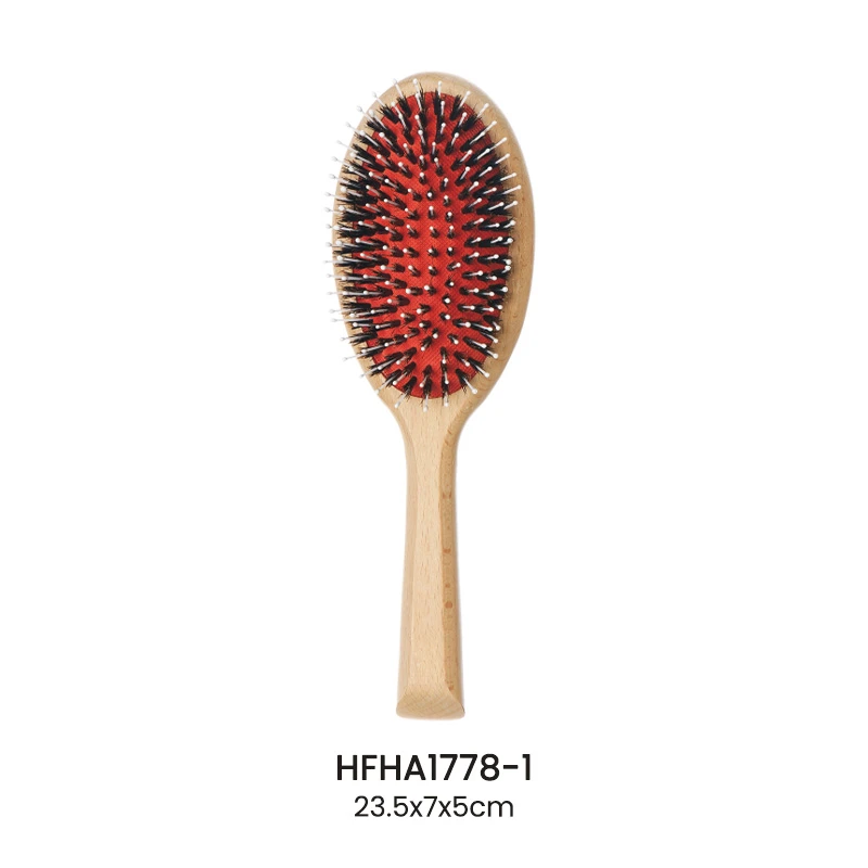 Natural Beech Wood Oval Cushion Hair Brush with Red Cushion