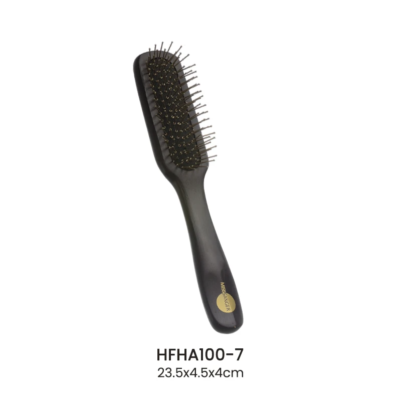 Dark‑Stained Wooden Cushion Brush With Yellow‑Tipped Nylon Pins