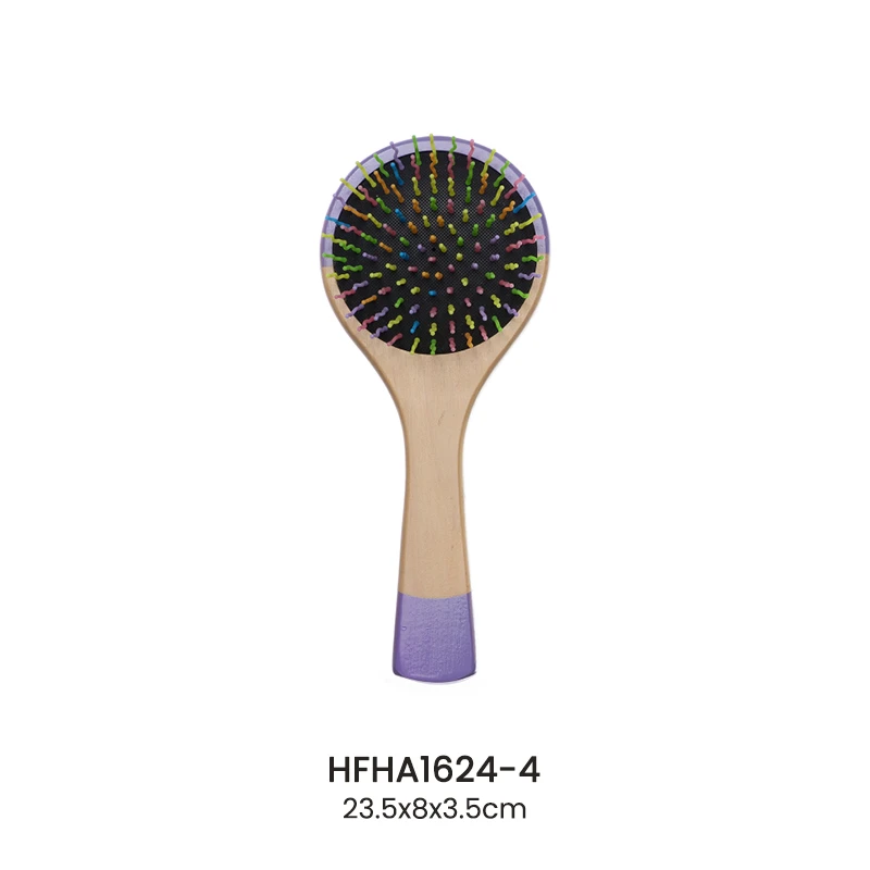 Purple Painted Wooden Cushion Brush With Colorful Nylon Pins