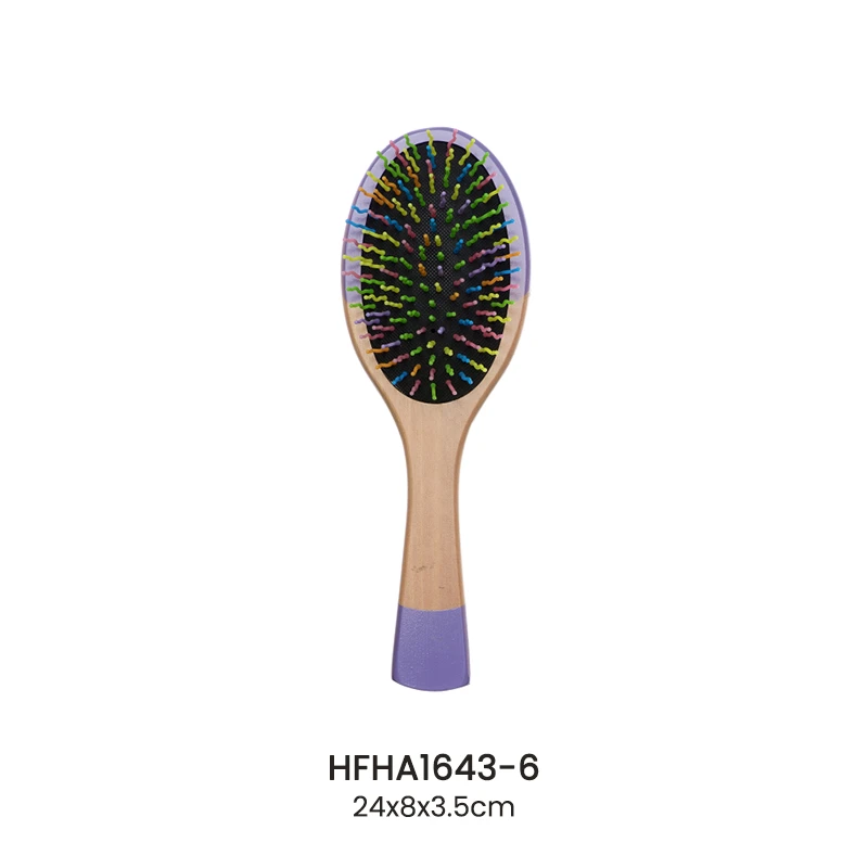 Purple Painted Wooden Cushion Brush With Colorful Nylon Pins