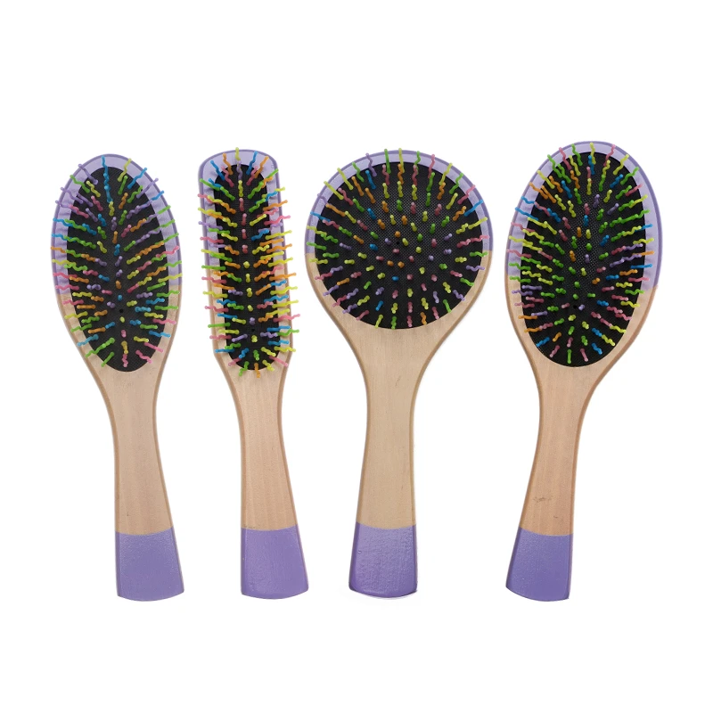Purple Painted Wooden Cushion Brush With Colorful Nylon Pins