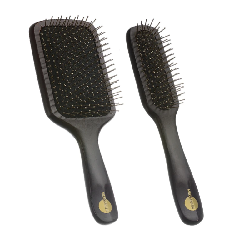 Dark‑Stained Wooden Cushion Brush With Yellow‑Tipped Nylon Pins