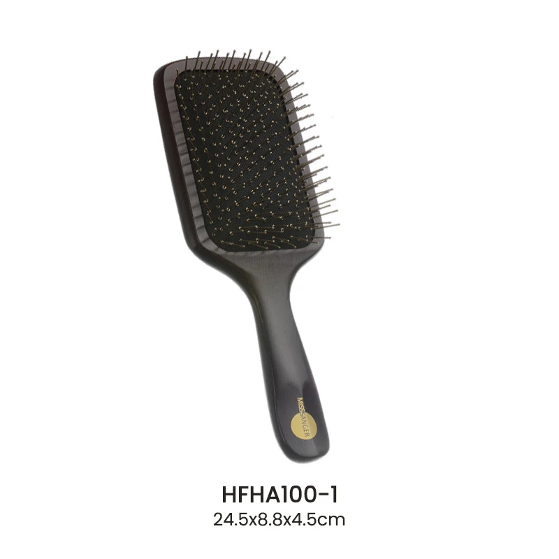 Dark‑Stained Wooden Cushion Brush With Yellow‑Tipped Nylon Pins