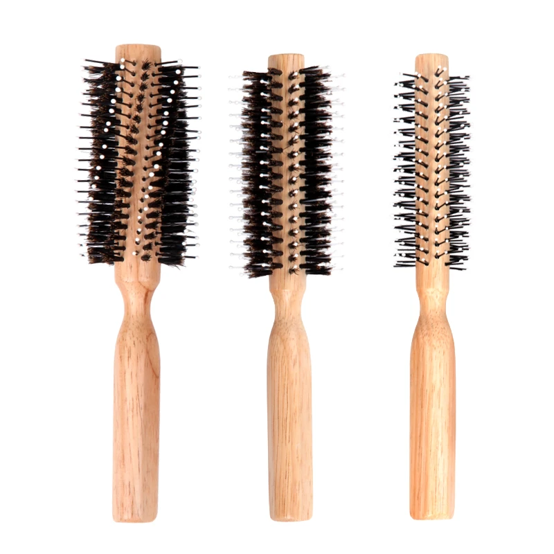 Spiral/Straight Rubber Wood Round Hairbrush with Nylon Mixed Boar Bristle