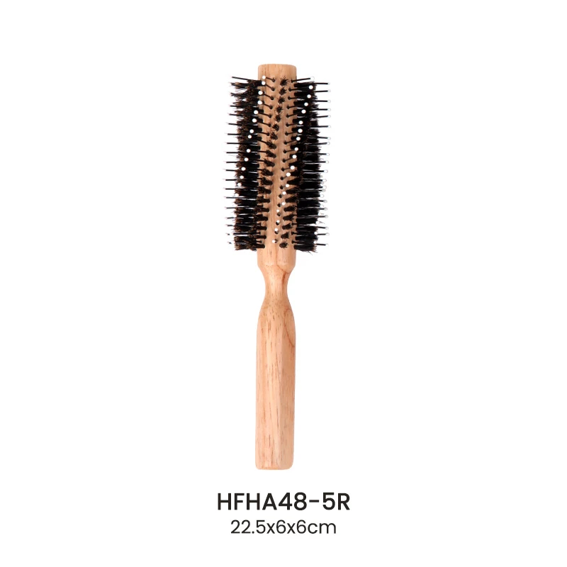 Spiral/Straight Rubber Wood Round Hairbrush with Nylon Mixed Boar Bristle